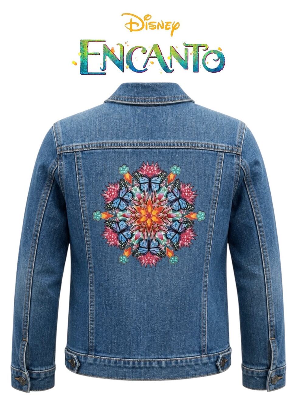 Disney Encanto Girls Sz XL Denim Jacket Kaleidoscope Pattern Back Sz 14-16